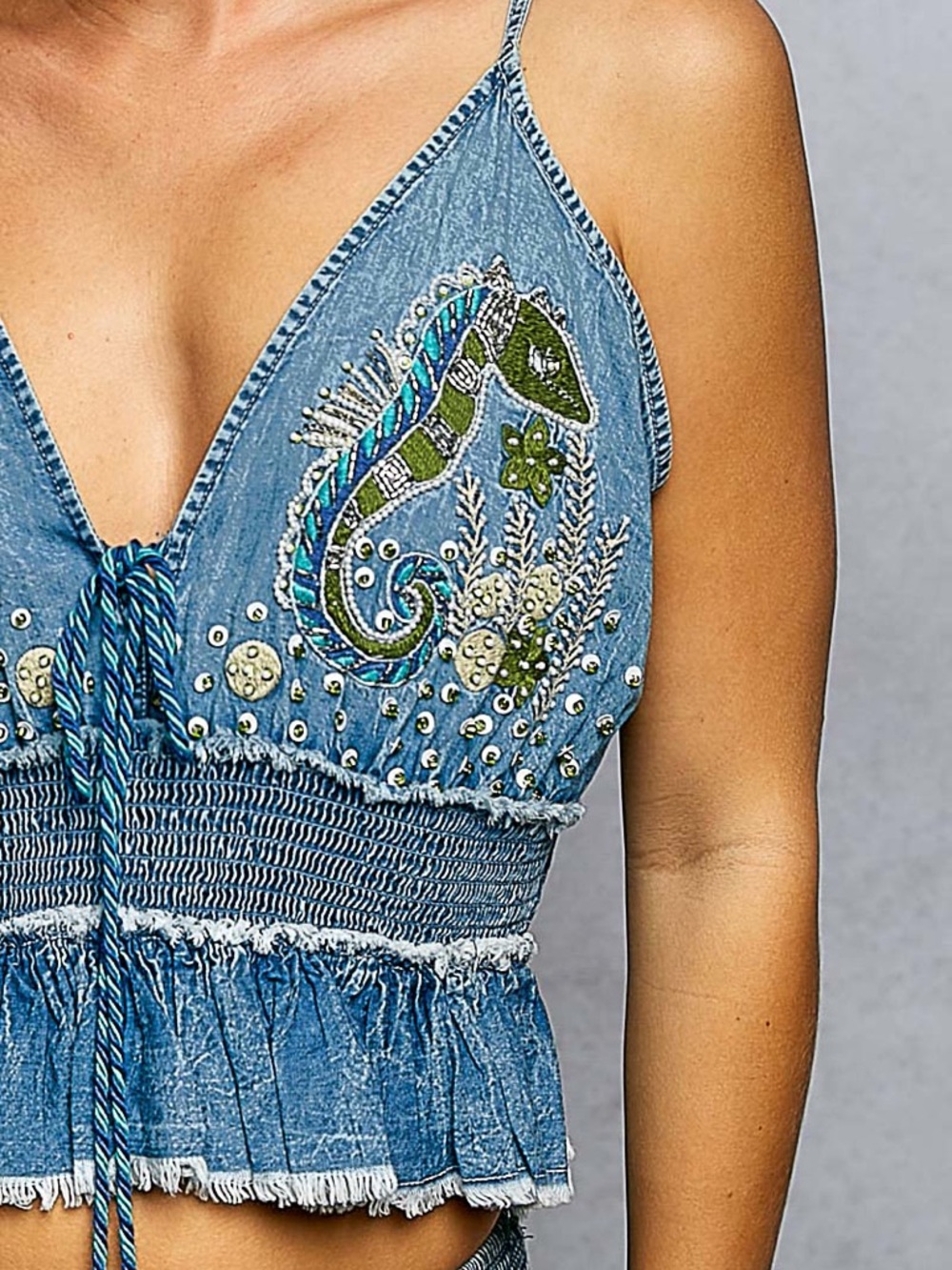 #36 Last 1! POL Embroidered Denim Blue Cropped Cami Top - Picture 7 of 7